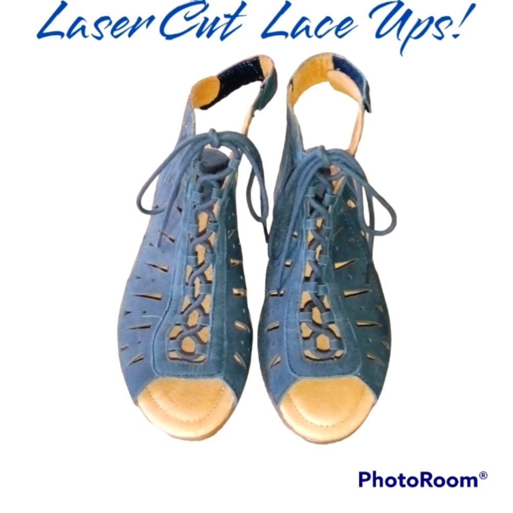 Earth laser cut, lace ups with Velcro closure in back to insure fit. Fantastic!